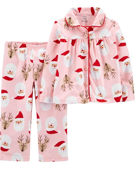 Pink Toddler 2 Piece Santa Coat Style Fleece Pajamas