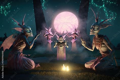 Quirky Elf Like Creatures Performing A Ritual Under A Full Moon