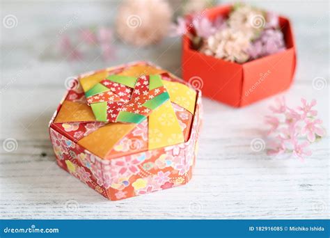 Colorful Japanese Patterned Hexagonal Origami Box With Lid Stock Image