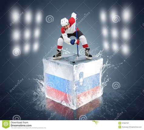 Russia Slovenia Game Face Off Player On The Ice Cube Stock Image