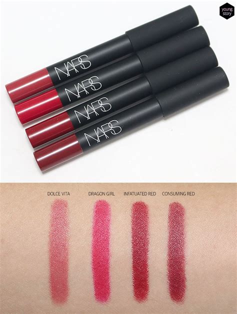 Nars Velvet Matte Lip Pencil Dolce Vita Dragon Girl Consuming Red Infatuated Red Review