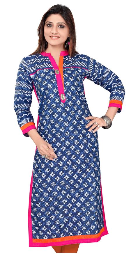 Blue Cotton Printed Kurti With Attractive Collar And Neck Design Boutique4india
