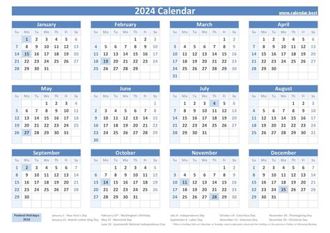 Free 2024 Calendar With Federal Holidays 2024 Calendar With Holidays