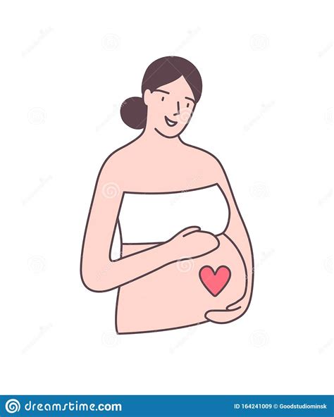 Pregnant Woman Touching Belly Flat Vector Illustration. Happy Young