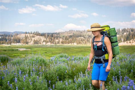 Young Woman Hiking On A Trail Through An Alpine Meadow Stock Photo