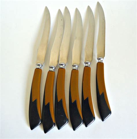 6 Retro Bakelite Knives 2 Tone Flatware Cutlery 1950 S By