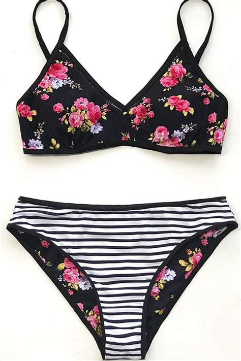 floral and stripe reversible bikini