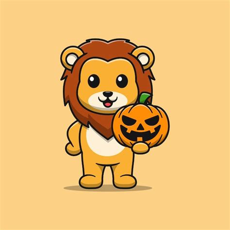 Premium Vector Cute Lion Holding Pumpkin Cartoon Illustration