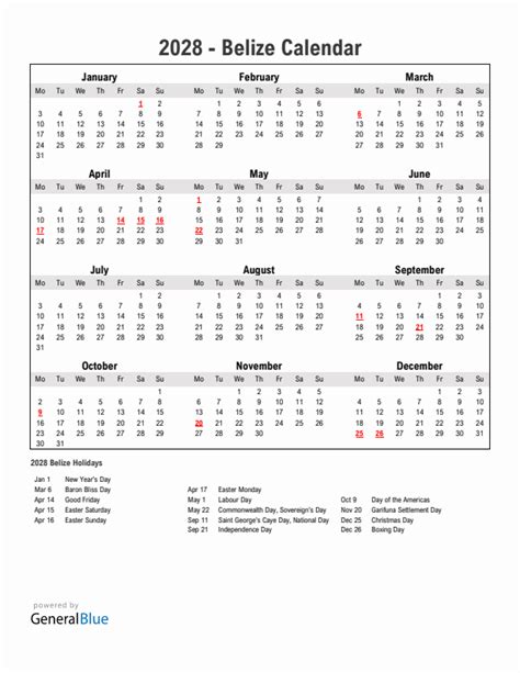 Year 2028 Simple Calendar With Holidays In Belize