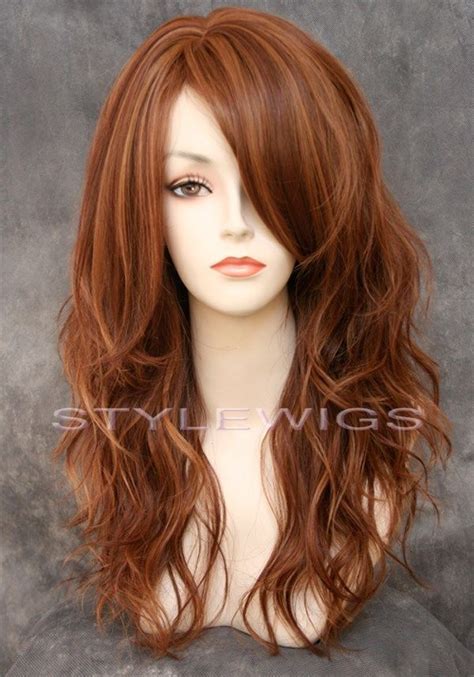 Finest quality light auburn european hair extensions online! HEAT OK Long Natural Wavy Wig w/ Bangs in Light Auburn ...