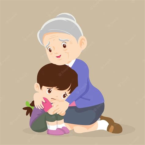 Premium Vector Old Grandma Embracing Little Crying Girl Comforting