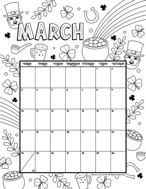 5 out of 5 stars. March 2019 Coloring Calendar | Print calendar, March ...
