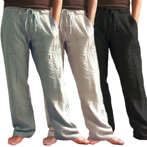 Mens Cotton Linen Straight Pants Casual Loose Trouser Elastic Waist