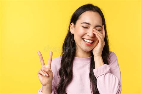 People Emotions Lifestyle Leisure And Beauty Concept Close Up Of Carefree Amused Cute Asian