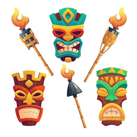 Tiki Masks Hawaiian Tribal Totem And Torches 15008133 Vector Art At Vecteezy