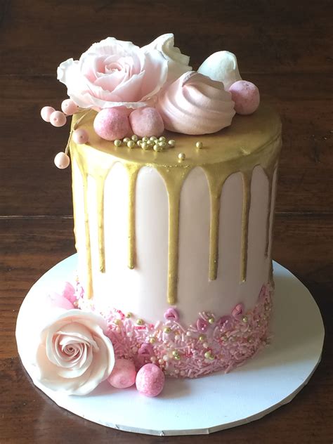 Pink And Gold Drip Cake With Sugar Roses Drip Cakes Cupcake Cakes
