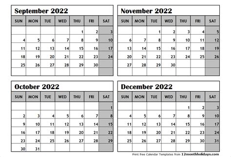 Print September To December 2022 Calendar Template 4 Month Calendar