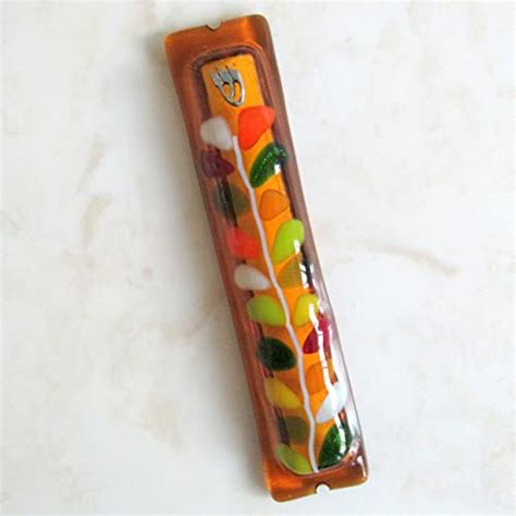 Glass Mezuzah Cover Blooming Branch On Amber Floral Glass