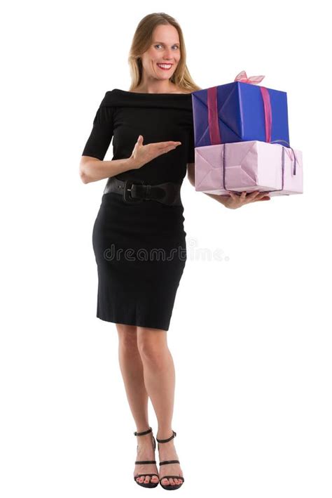 Attractive Woman In Elegant Black Dress With Big T Packages Stock