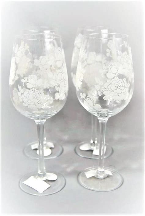 Wine Glasses Set Of Four Rose Etched Clear Glass Wine Glasses Floral Design Four Seasons