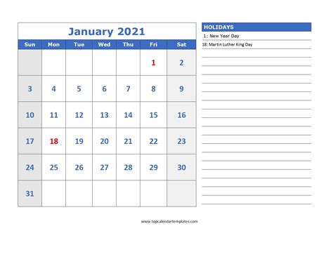 Free January 2021 Calendar Pdf Word Excel Printable Template