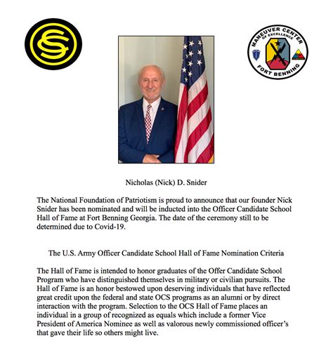 Officer Candidate School Ocs Hall Of Fame Induction Letter For Nicholas D Snider