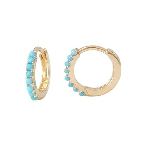 Turquoise 14K Solid Gold Huggie Hinged Hoop Earring Pavé Cuff Etsy