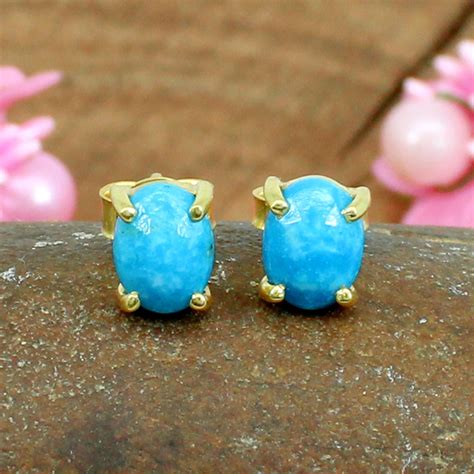 Natural Blue Turquoise Studs Earrings 925 Sterling Silver Etsy