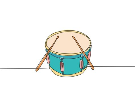 One Single Line Drawing Of Little Drum With Drum Sticks Percussion