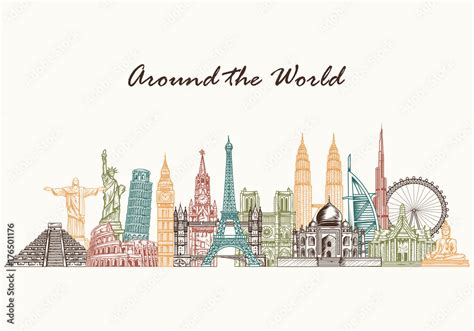Hand Drawn World Skyline Sketch Style World Famous Monuments Travel