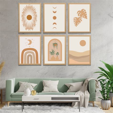 Boho Wall Art Set Of 6 Boho Prints Mid Century Modern Abstract Etsy