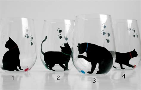 Cat And Yarn Stemless Wine Glasses Set Of 2 Hand Painted Black Cat