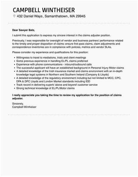 Claims Adjuster Cover Letter | Velvet Jobs