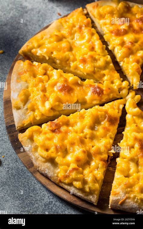 Homemade Macaroni And Cheese Pizza With Cheddar Stock Photo Alamy