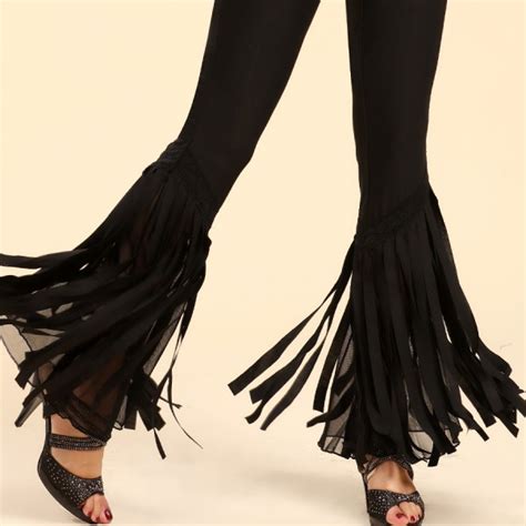 Womens Black Long Tassels Wide Legs Latin Samba Dance Pants