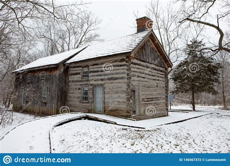 Old Cabin Delaurier Homestead Overcast Cold Winter Scene Snow Ice Stock