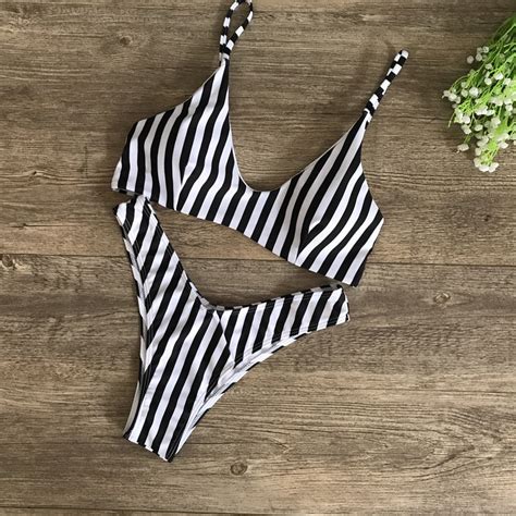 New 2018 Thong Bikini Swimwear Sexy Zebra Black And White Stripes Print Split Swimsuit Europe
