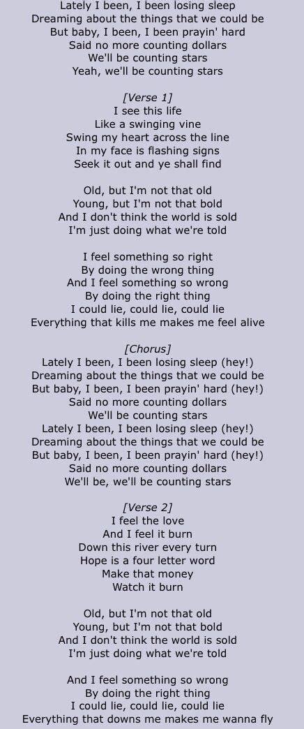 Onerepublic Counting Stars Part1 Counting Stars Lyrics