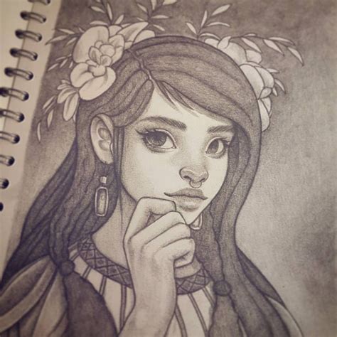 A Drawing Of A Girl With Flowers In Her Hair