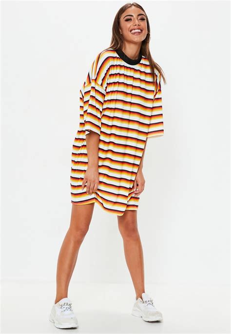 Red And Mustard Stripe Oversized T Shirt Dress Missguided Oversized