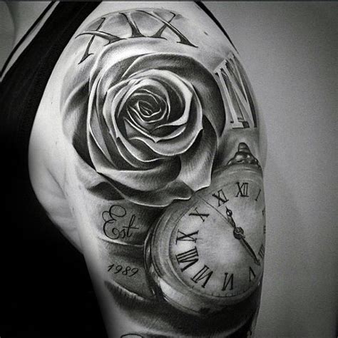 Tattoos don't generally need to be huge and reckless. unique shoulder tattoos roses clock | Rose tattoo sleeve ...