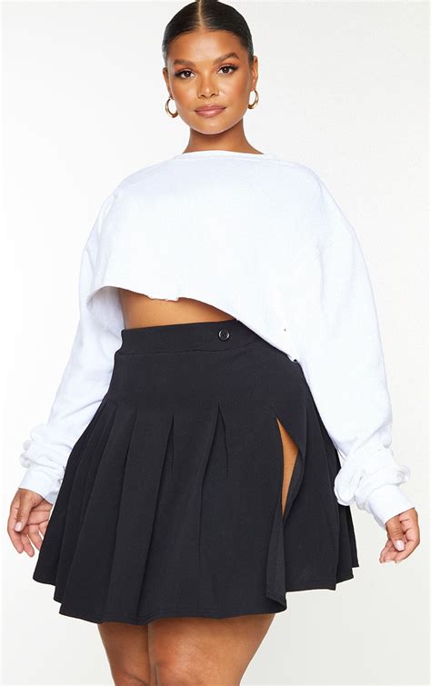 Plus Black Pleated Side Split Tennis Skirt Prettylittlething Qa