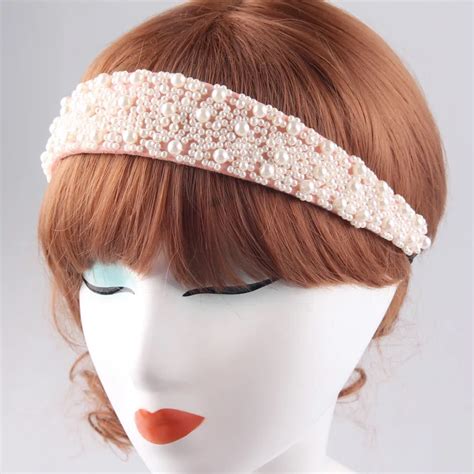 Women Hair Accessories Elastic Headband Handmade Pink Headbands Pearl