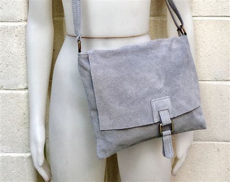 Boho Suede Messenger Leather Bag In Light Grey Cross Body Bag Etsy