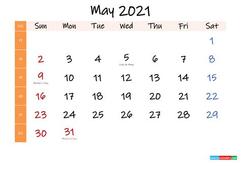 May 2021 Calendar Cute Memorial Day Printable Template Printable Blank