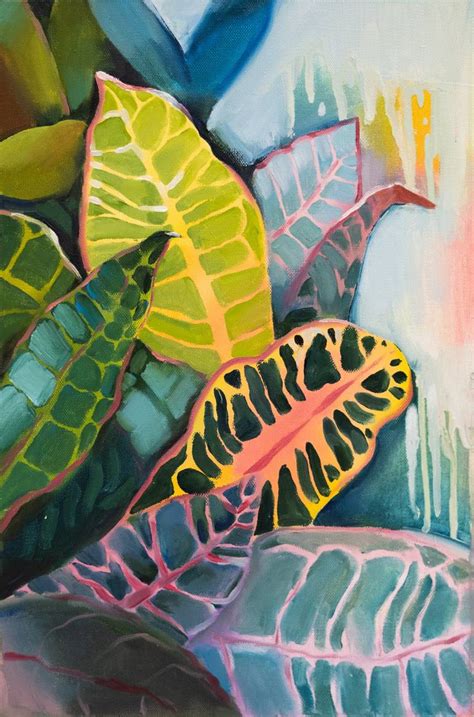 Colorful Leaves Tropical Botanical Original Art Painting On Canvas