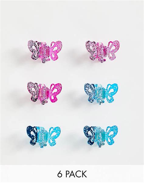 Asos Design Pack Of 6 Mini Butterfly Hair Clips In Multi Colours Asos