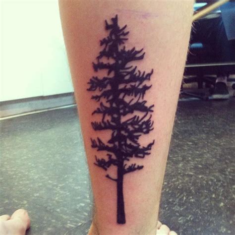 Side Leg Black Ink Pine Tree Tattoo