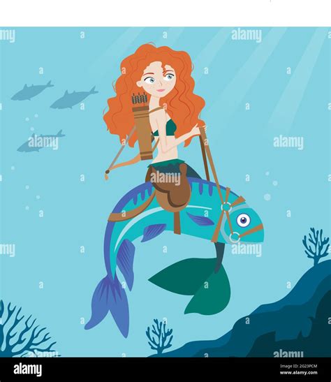 Redhead Mermaid On Fish Underwater Vector Art Stock Vector Image And Art