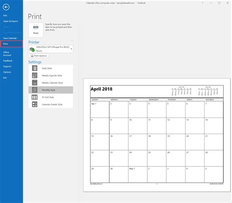 Print outlook 365 calendar in color